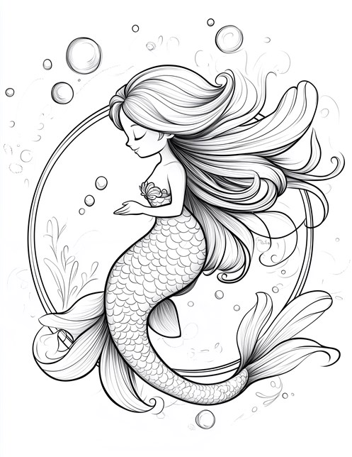 Peaceful mermaid with flowing hair surrounded by bubbles underwater