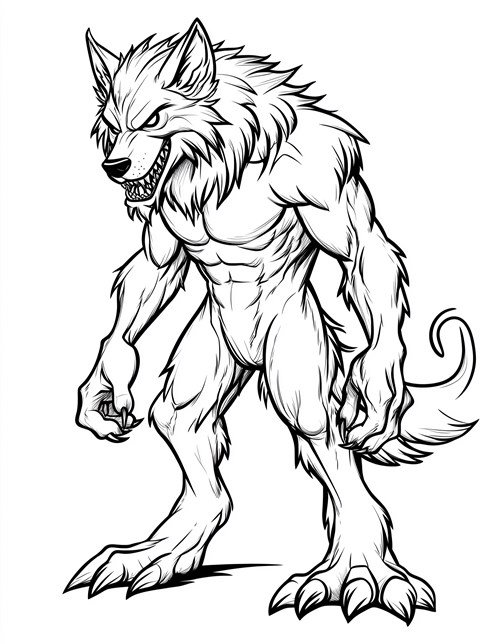 Standing werewolf with sharp claws muscles and a fierce expression