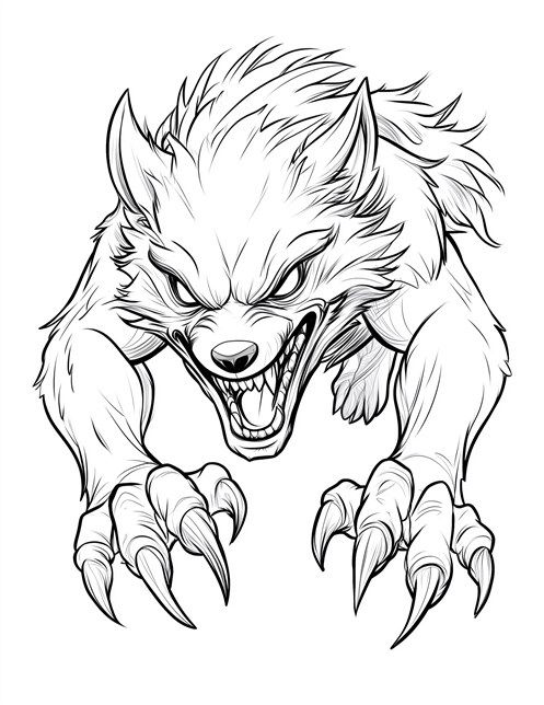 Angry werewolf leaping forward with sharp claws and bared teeth