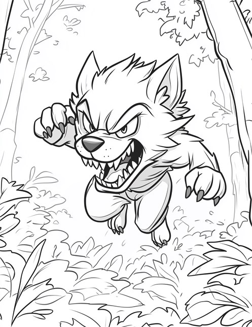 Werewolf jumping through forest with sharp teeth and angry expression