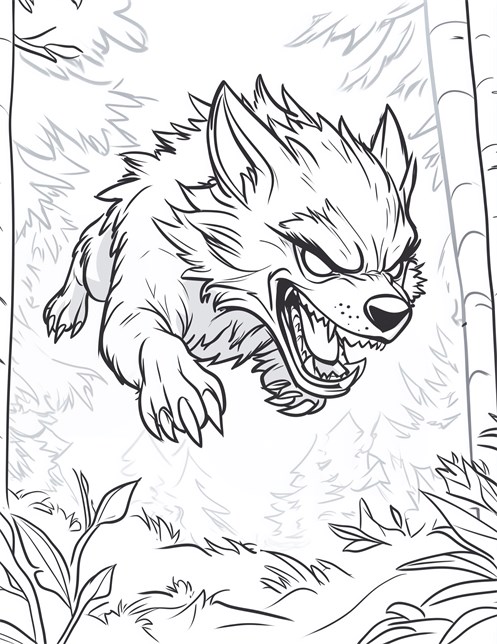 Werewolf leaping through forest with sharp teeth and fierce snarl