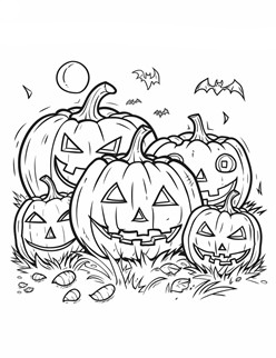 Five jack o lanterns with funny faces, surrounded by bats, moon, grass, and scattered candy corn