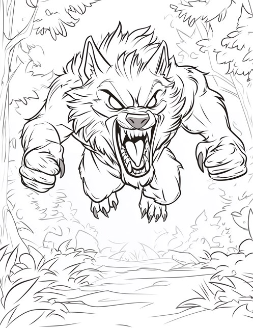 Werewolf jumping forward with open mouth sharp teeth in forest