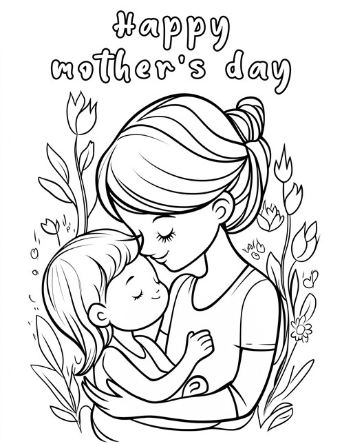 Mom and child cuddling with flowers and Happy Mothers Day