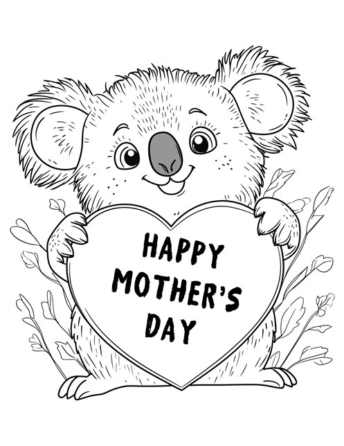 Koala holding heart that says Happy Mothers Day