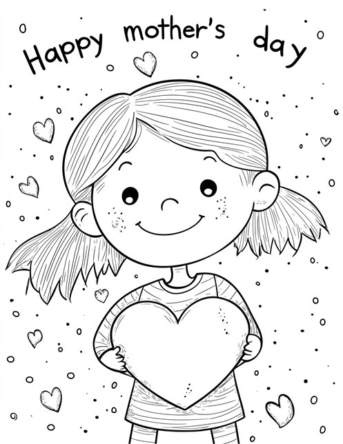 Girl holding heart with Happy Mothers Day above