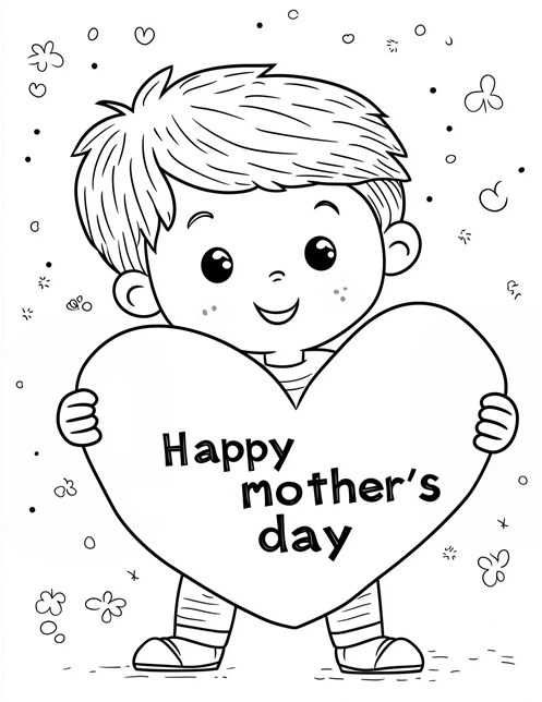 Boy holding heart with Happy Mothers Day message