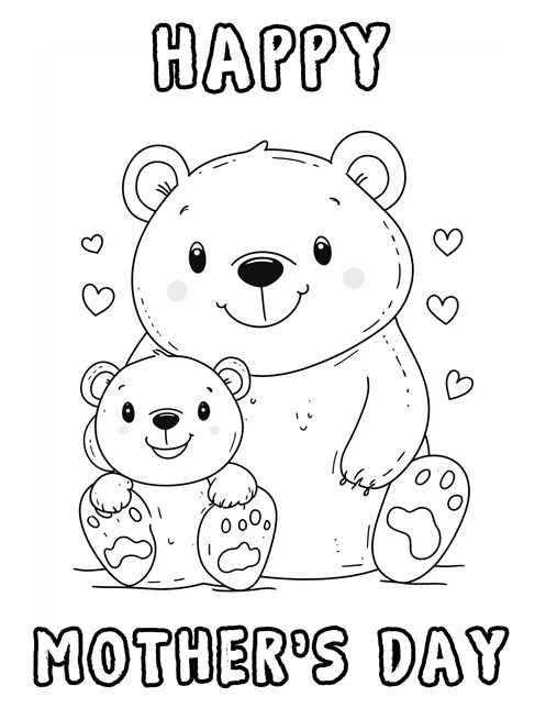 Two bears sitting together with hearts and Happy Mothers Day