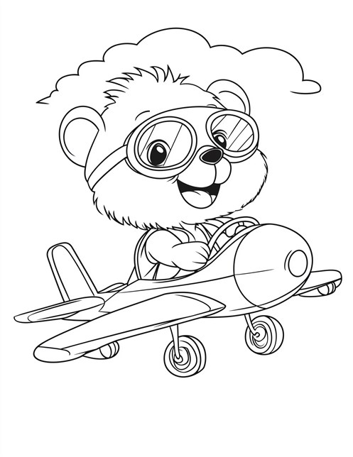 Cute bear flying airplane with big goggles in the sky