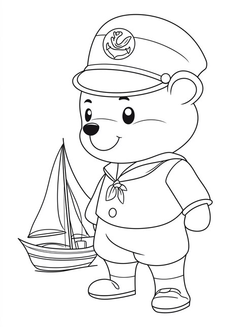 Bear wearing sailor outfit with boat beside him smiling happily