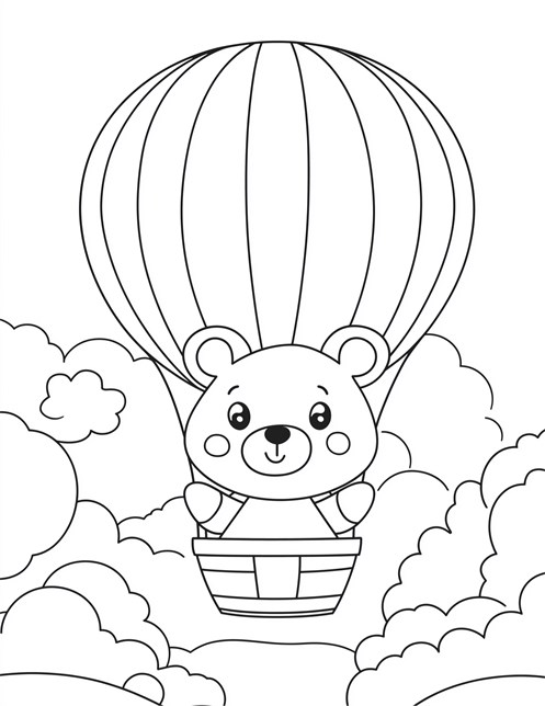 Bear flying hot air balloon surrounded by fluffy clouds smiling