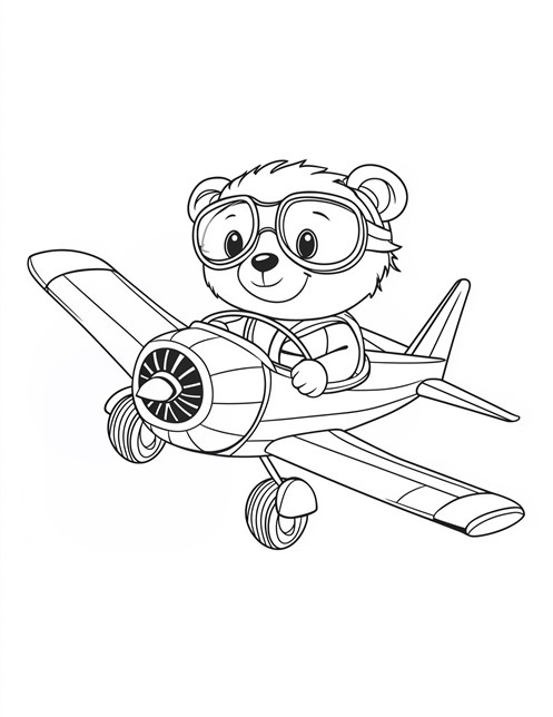 Bear flying airplane with big goggles and cute smile