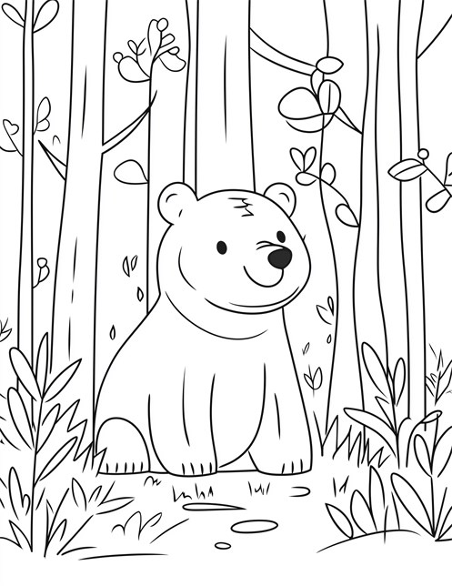 Bear sitting happily in the forest surrounded by trees