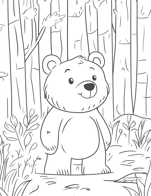 Bear standing in forest surrounded by tall trees smiling