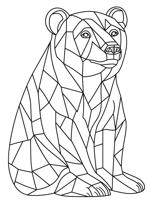 Geometric bear made of many shapes sitting looking calm