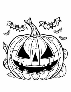 A grinning jack o  lantern surrounded by flying bats, looking ready for Halloween night fun