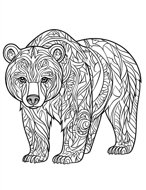 Bear covered in intricate patterns ready to be colored