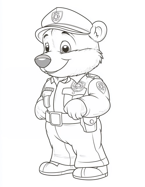 Bear dressed as police officer smiling with badge and uniform