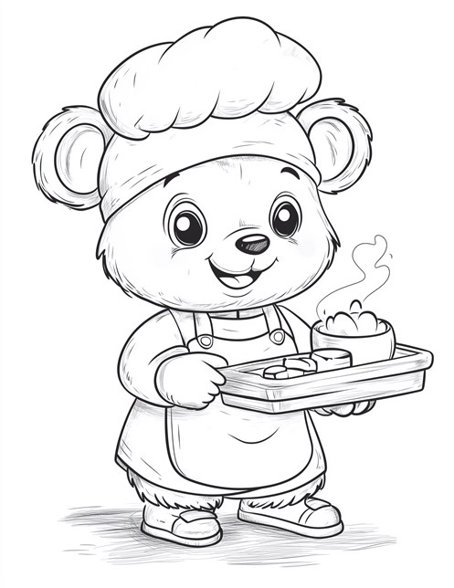 Chef bear holding tray of food smiling in kitchen outfit