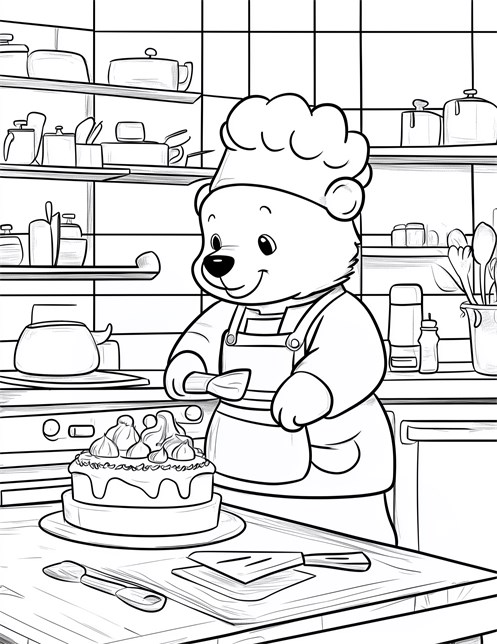 Chef bear decorating cake in kitchen with tools and ingredients