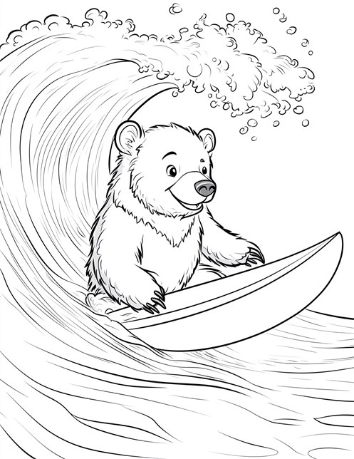 Bear surfing on big wave smiling having fun in ocean