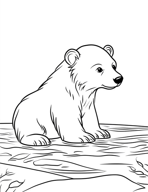 Small polar bear sitting on icy ground looking peaceful