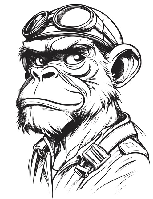 Serious looking monkey pilot wearing goggles and tough expression