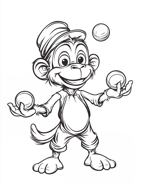 Happy monkey juggling three balls wearing a fun hat