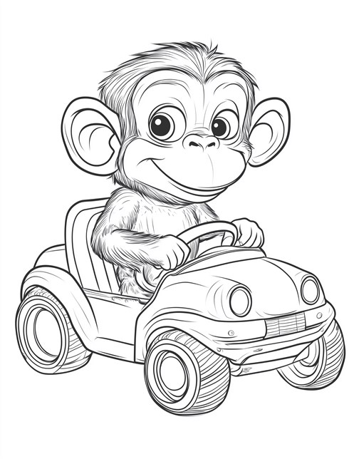 Smiling monkey driving a toy car with big wheels