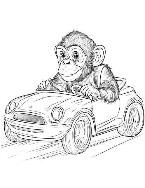 Monkey driving fast in toy car with happy expression