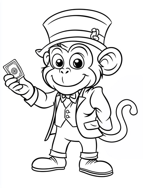 Magician monkey wearing top hat holding card smiling and looking fancy