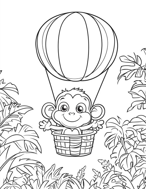 Monkey floating in hot air balloon above jungle trees smiling