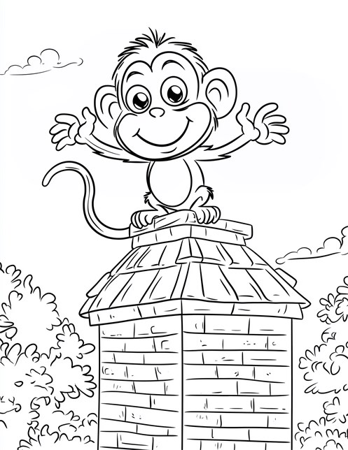 Monkey standing on roof waving arms above trees smiling