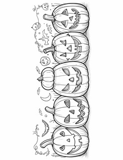 Five jack o  lanterns with funny faces surrounded by bats, moons, and Halloween decorations