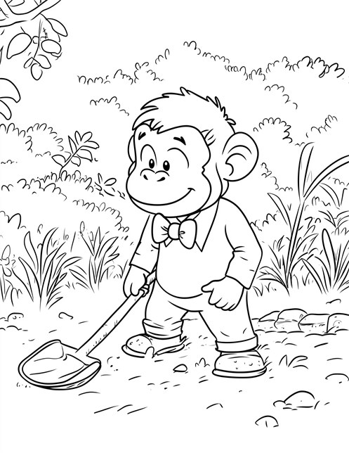 Monkey holding shovel in garden surrounded by plants and bushes