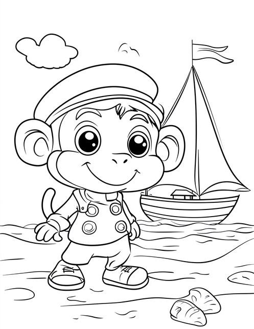 Monkey sailor on beach with boat shells and clouds nearby