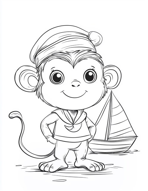 Smiling monkey sailor standing by small sailboat on sandy beach