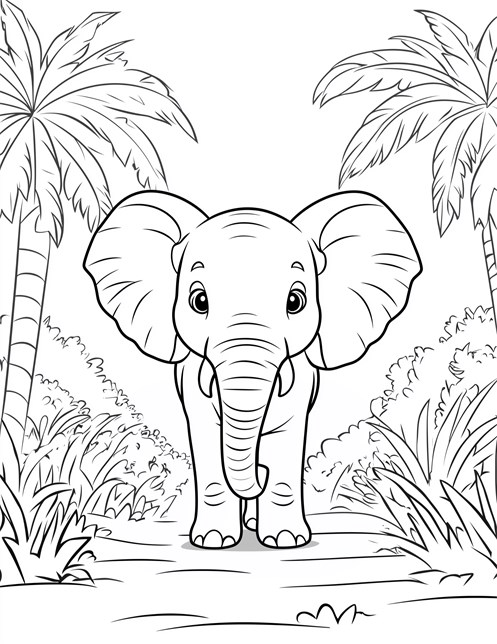 Cute baby elephant standing between palm trees on jungle path