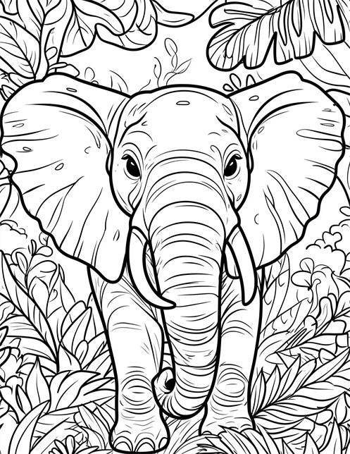 Big elephant walking through jungle full of leaves and plants