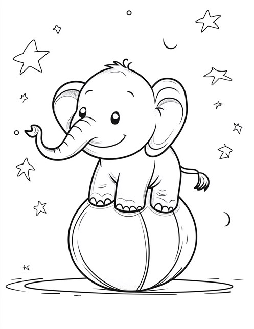 Smiling baby elephant balancing on ball with stars around