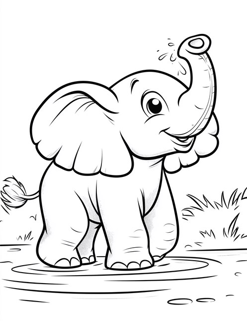 Smiling baby elephant splashing water with its trunk playfully