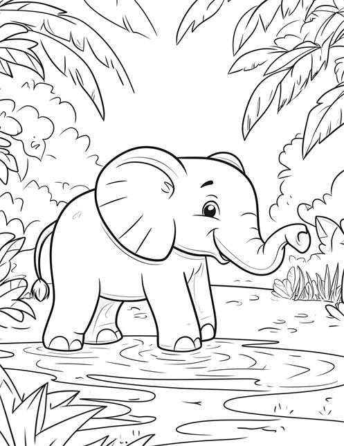 Happy baby elephant playing in water surrounded by jungle plants