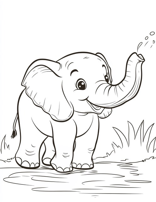 Smiling baby elephant squirting water from trunk near small pond