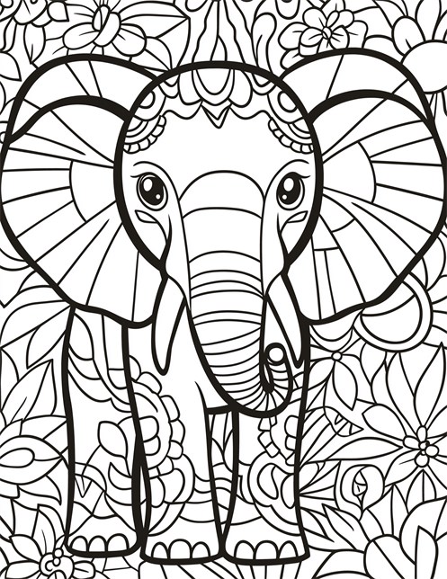 Elephant with patterns and flowers all around it