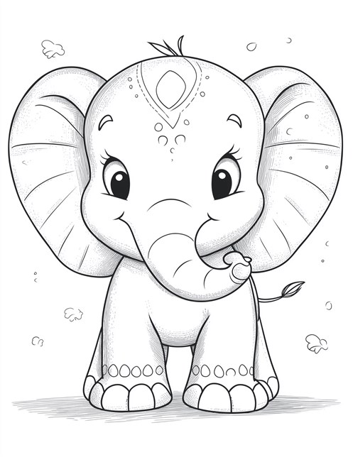 Cute baby elephant with big eyes and decorated forehead smiling