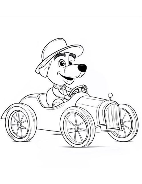 Dog driving an old fashioned car while wearing hat and bowtie