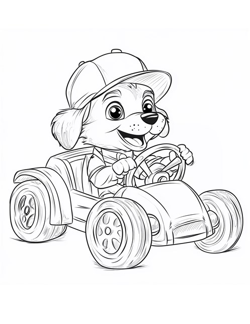 Cute dog driving toy car wearing cap and smiling happily