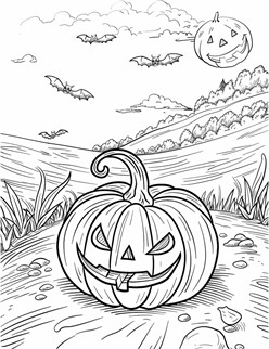 A grinning jack o  lantern in a field with flying bats and a pumpkin shaped moon