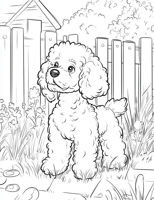 Fluffy poodle standing in garden with fence and flowers