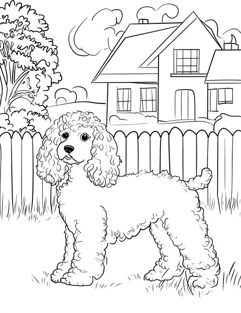 Fluffy poodle standing in yard with house and trees nearby